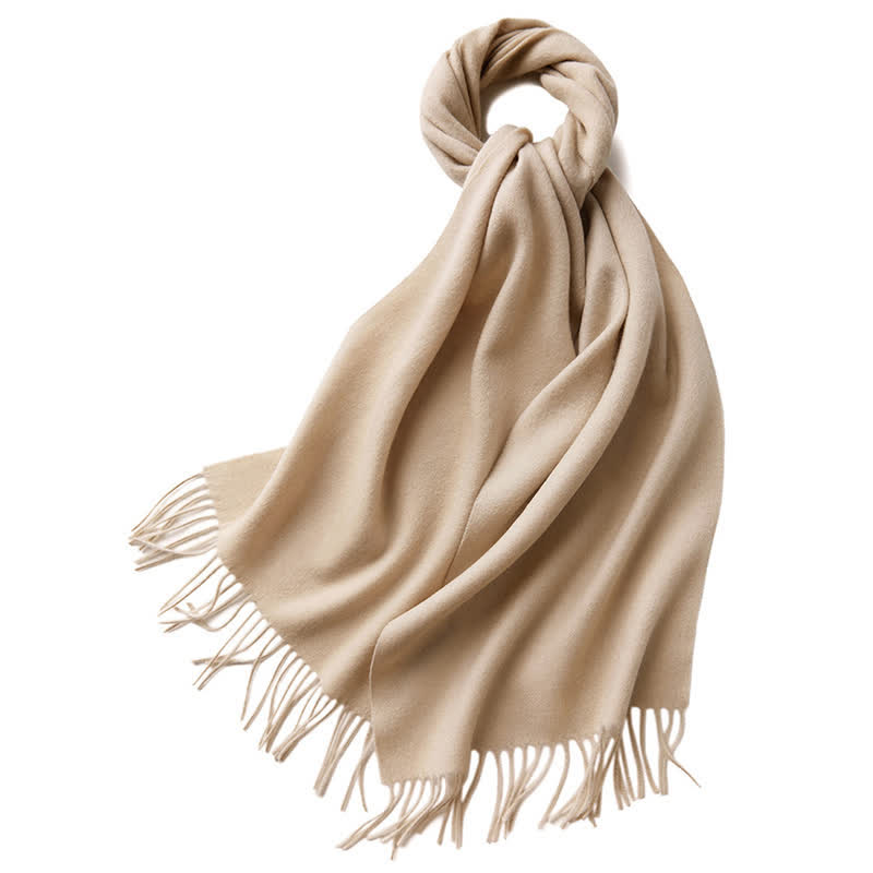 Unisex Simple Solid Color Pure Wool Fringed Scarf - Beige - image 8