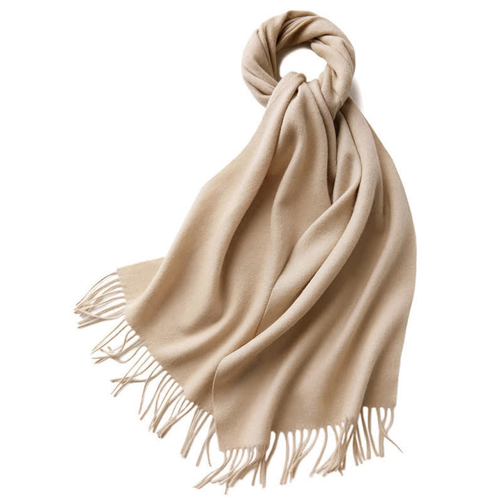 Unisex Simple Solid Color Pure Wool Fringed Scarf - Beige - image 8
