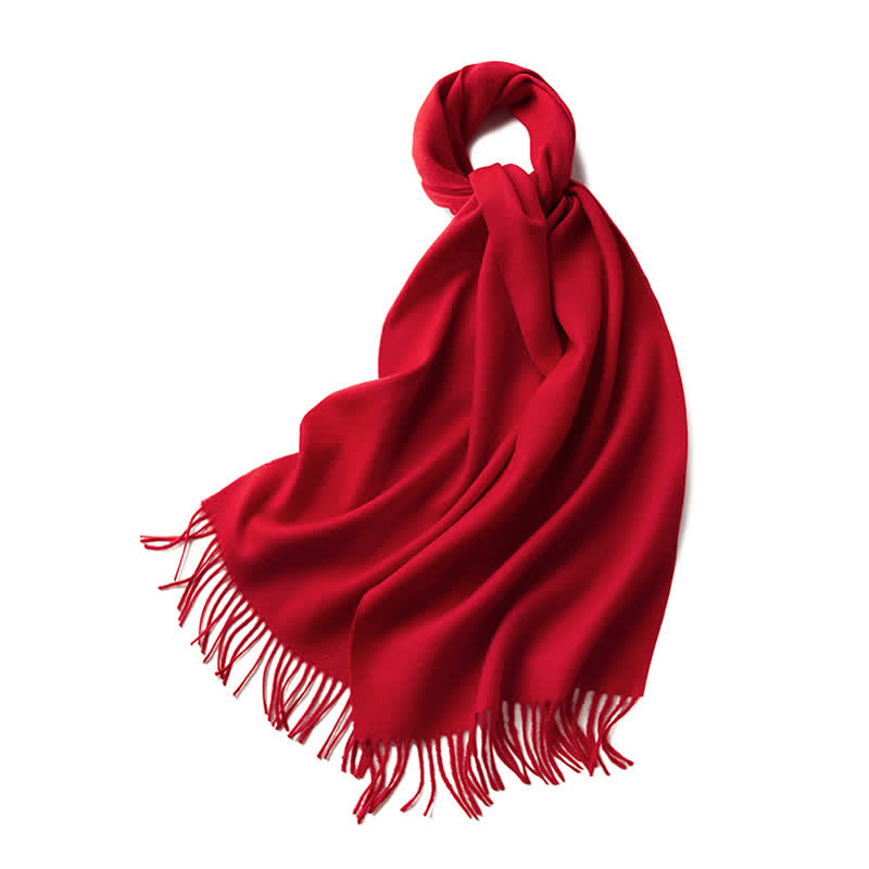 Unisex Simple Solid Color Pure Wool Fringed Scarf - Red - image 2