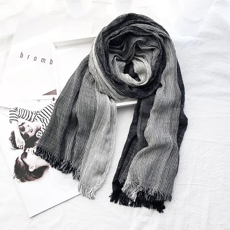 Unisex Striped Cotton Linen Spring Autumn Draped Scarf - Black - image 0