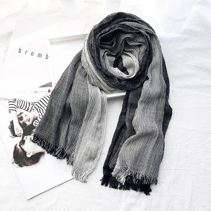 Unisex Striped Cotton Linen Spring Autumn Draped Scarf - Black - image 0
