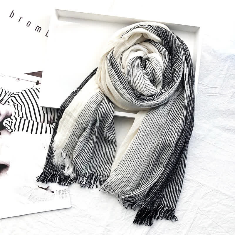 Unisex Striped Cotton Linen Spring Autumn Draped Scarf - White & Black - image 22