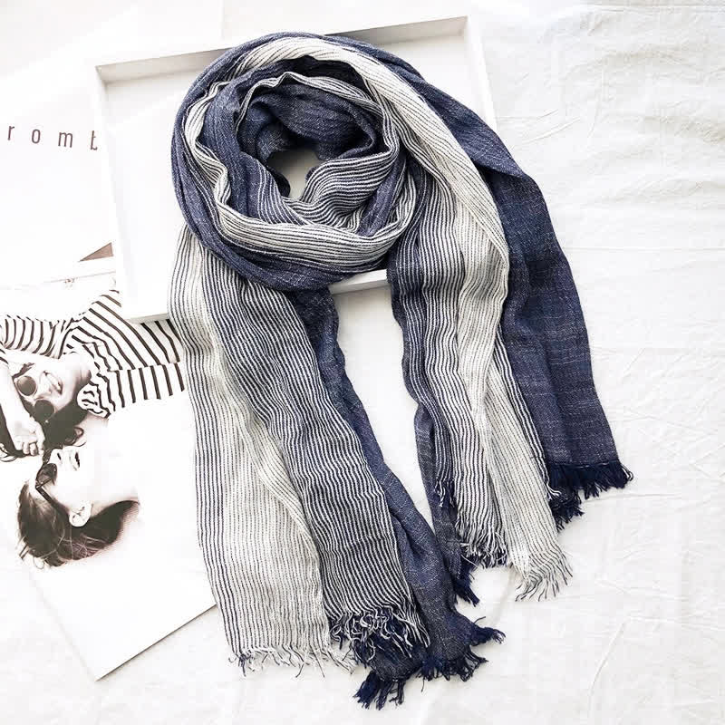 Unisex Striped Cotton Linen Spring Autumn Draped Scarf - Navy - image 4
