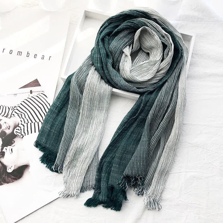 Unisex Striped Cotton Linen Spring Autumn Draped Scarf - Dark Green - image 12