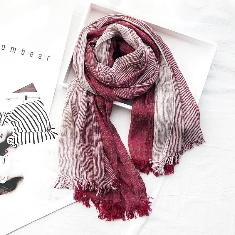 Unisex Striped Cotton Linen Spring Autumn Draped Scarf - Burgundy - image 6