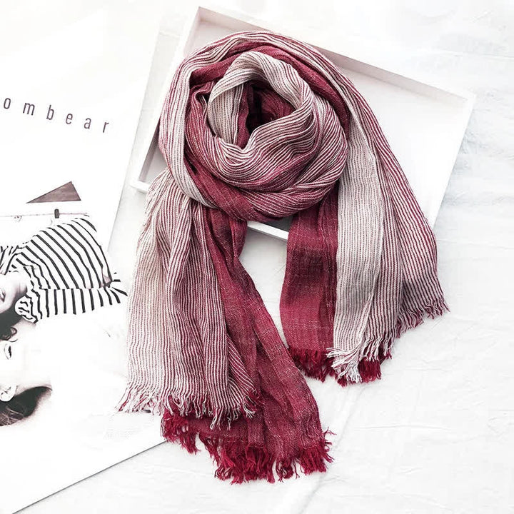 Unisex Striped Cotton Linen Spring Autumn Draped Scarf - Burgundy - image 6