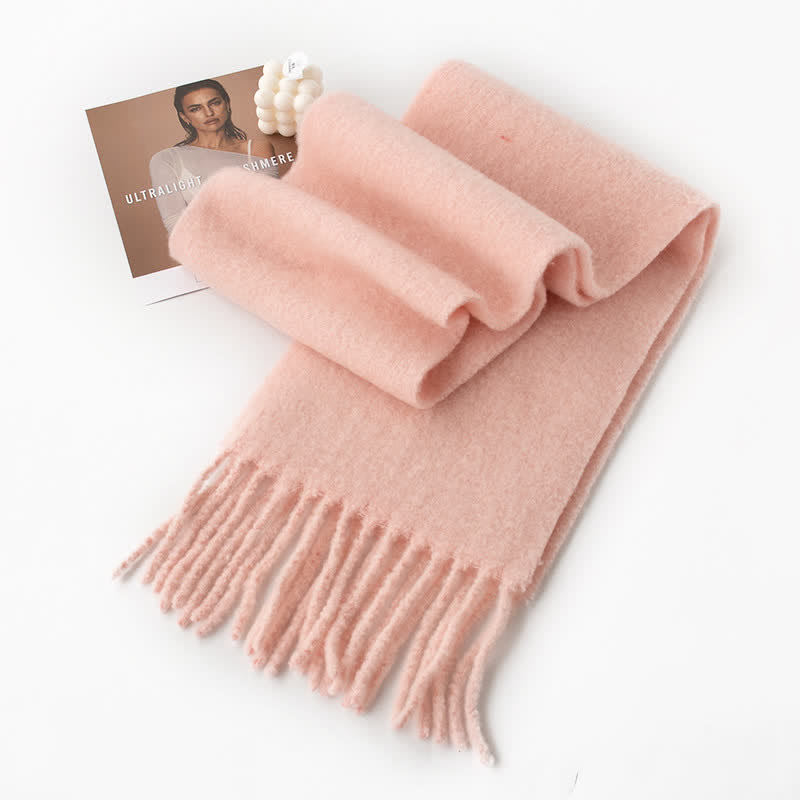 Unisex Thicken Solid Color Fringes Cashmere Scarf - Pink - image 13
