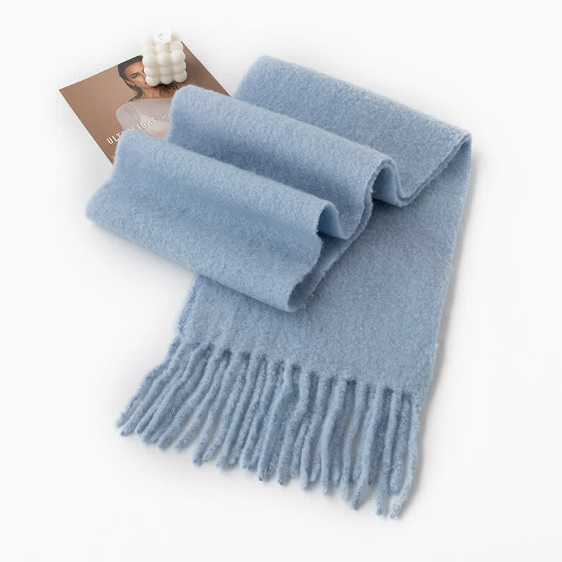 Unisex Thicken Solid Color Fringes Cashmere Scarf - Blue - image 9
