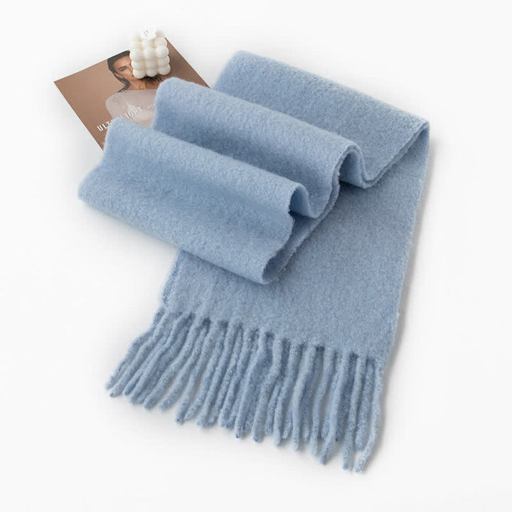 Unisex Thicken Solid Color Fringes Cashmere Scarf - Blue - image 9