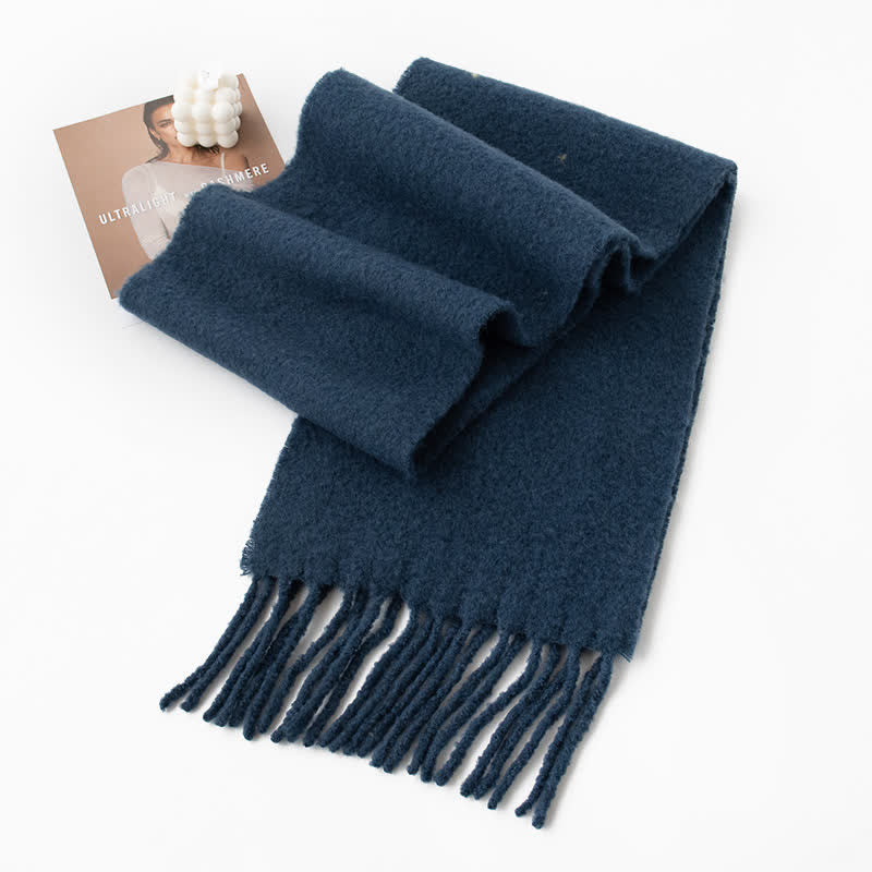 Unisex Thicken Solid Color Fringes Cashmere Scarf - Navy - image 17