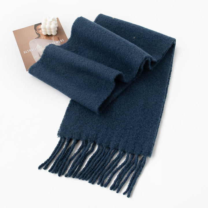 Unisex Thicken Solid Color Fringes Cashmere Scarf - Navy - image 17