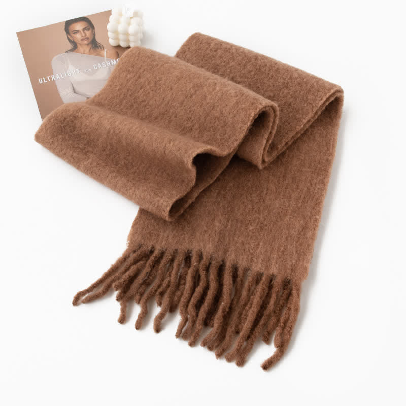Unisex Thicken Solid Color Fringes Cashmere Scarf - Coffee - image 2