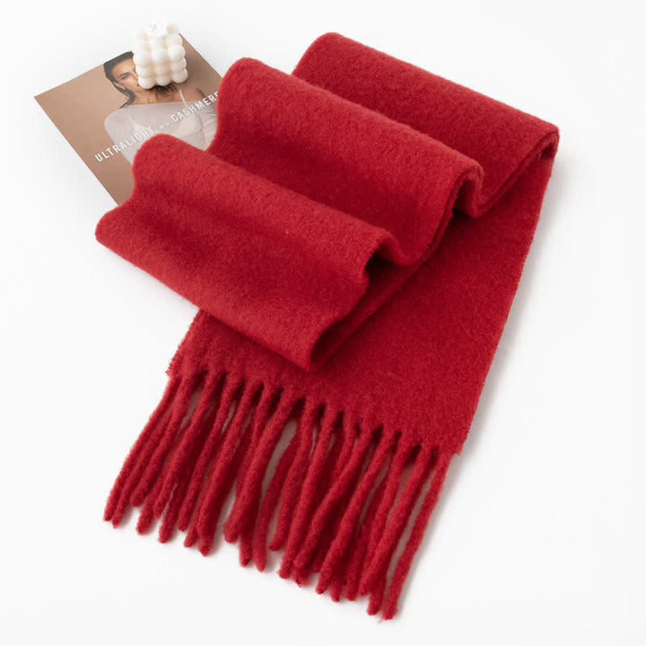 Unisex Thicken Solid Color Fringes Cashmere Scarf - Red - image 14