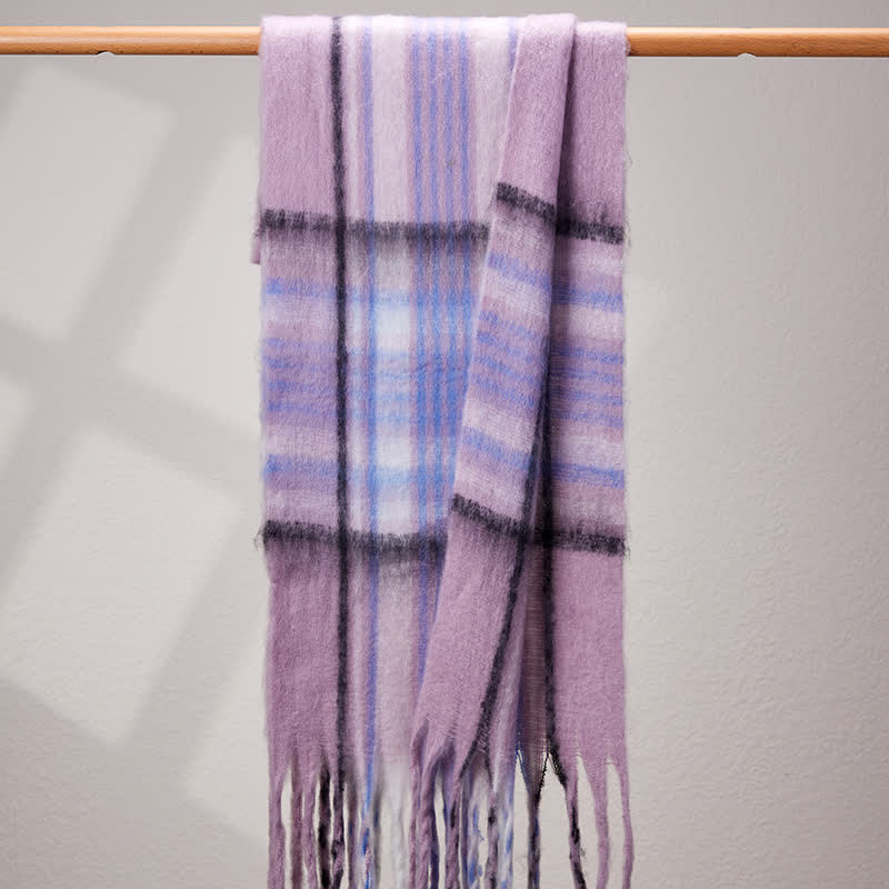 Unisex Classic Tassel Plaid Warm Scarf - Violet - image 8