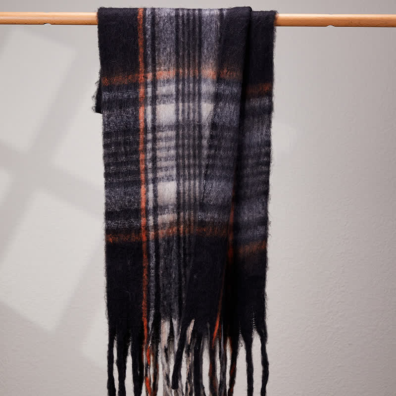 Unisex Classic Tassel Plaid Warm Scarf - Black - image 12