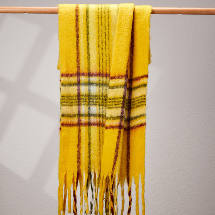 Unisex Classic Tassel Plaid Warm Scarf - Yellow - image 11