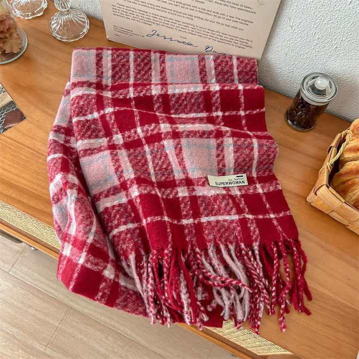Unisex Winter Warm Tassel Plaid Oversized Scarf - Red - image 12