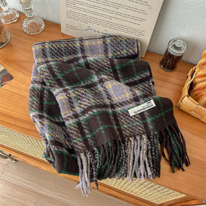 Unisex Winter Warm Tassel Plaid Oversized Scarf - Dark Coffee - image 11
