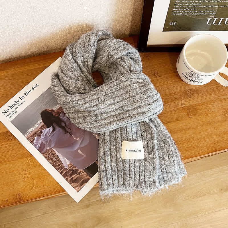 Unisex Cozy Knitted Solid Color Narrow Scarf - Gray - image 5