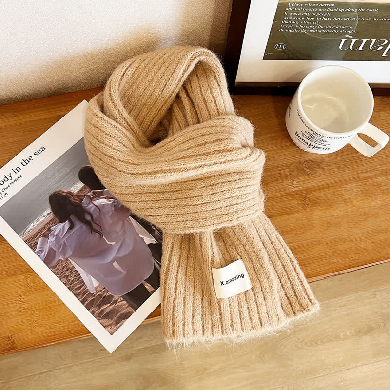 Unisex Cozy Knitted Solid Color Narrow Scarf - Khaki - image 6