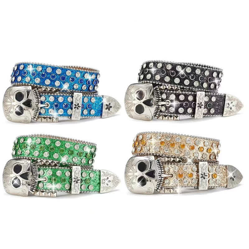Streetwear Skull Buckle Rhinestone Studded Leather Belt - image 1