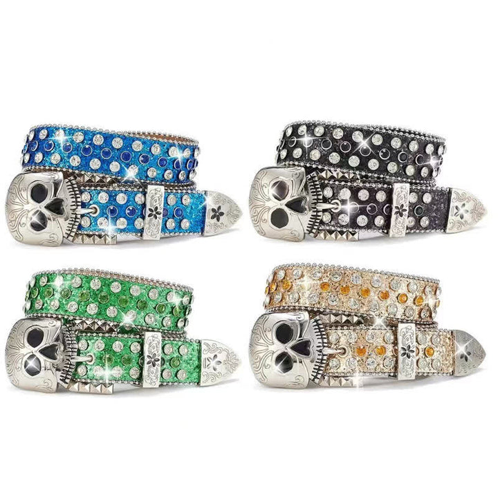 Streetwear Skull Buckle Rhinestone Studded Leather Belt - image 1