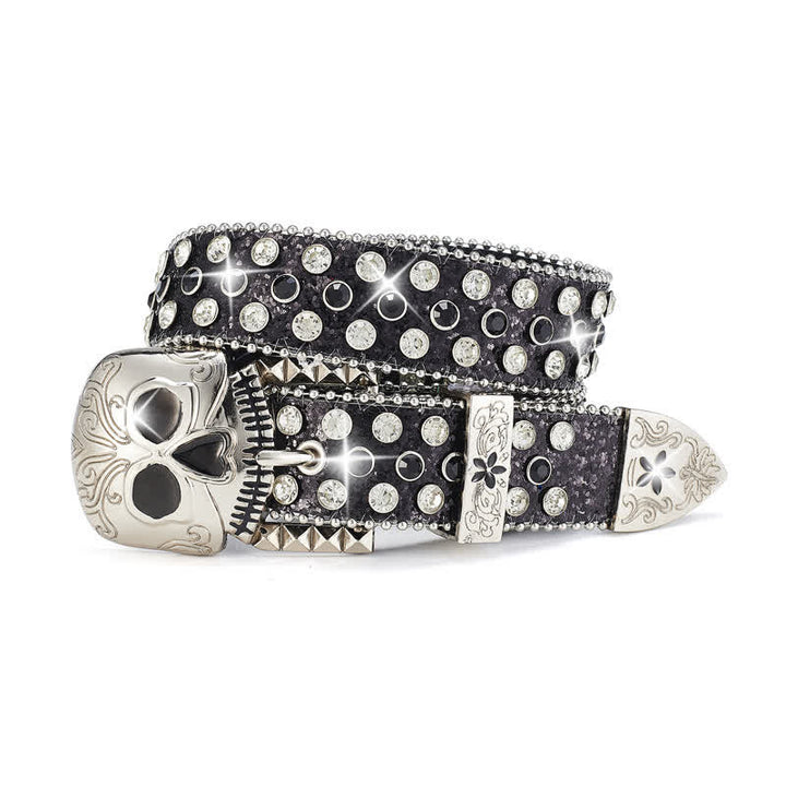 Streetwear Skull Buckle Rhinestone Studded Leather Belt - Black - 42 - image 0