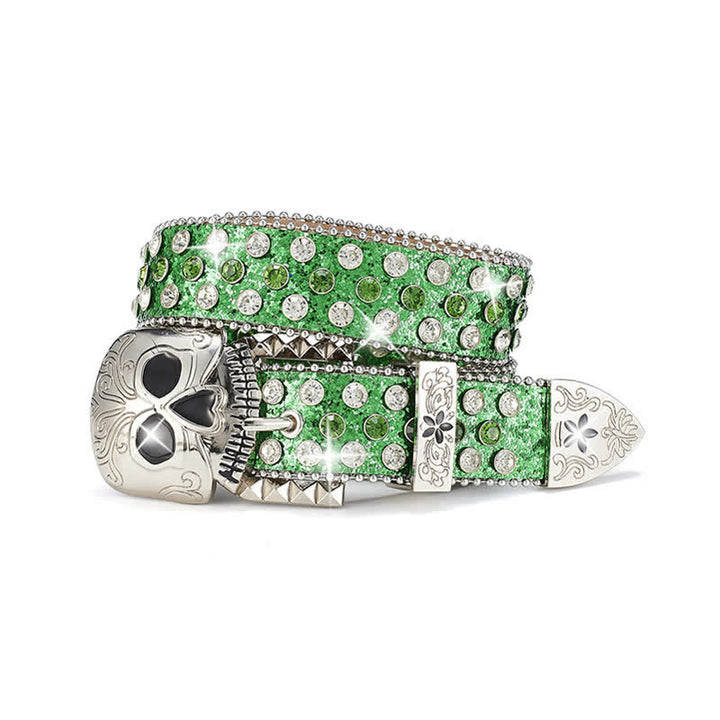 Streetwear Skull Buckle Rhinestone Studded Leather Belt - Green - 42 - image 5