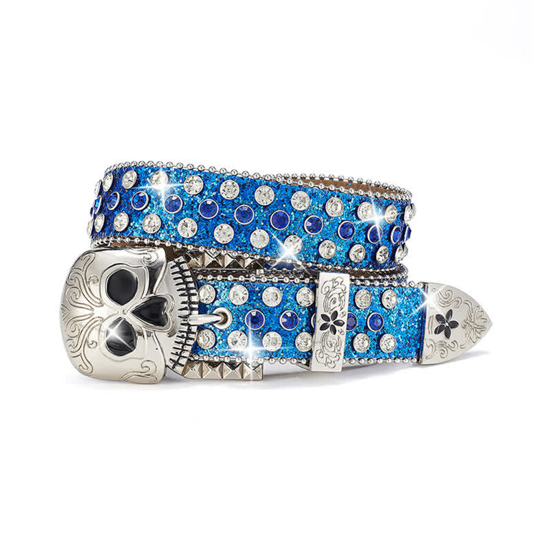 Streetwear Skull Buckle Rhinestone Studded Leather Belt - Blue - 42 - image 3