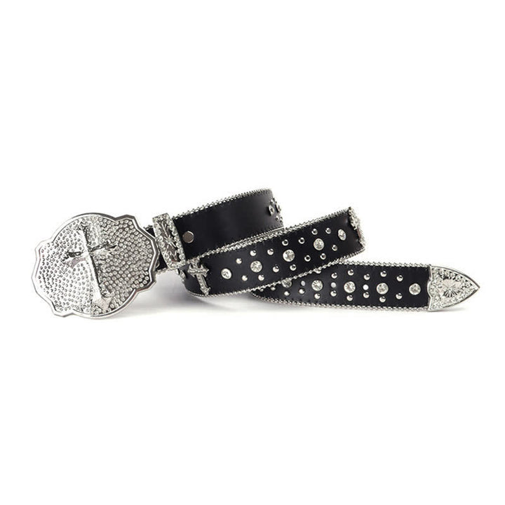 Shinning Cross Buckle Rhinestone Studded Leather Belt - image 2