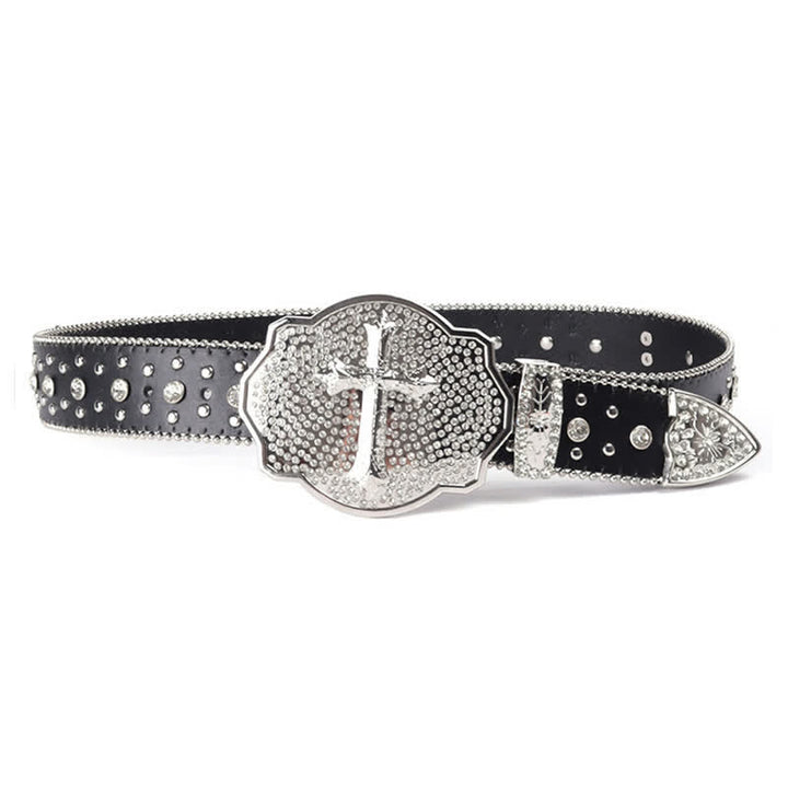 Shinning Cross Buckle Rhinestone Studded Leather Belt - image 3