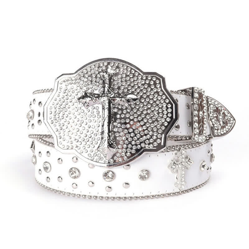 Shinning Cross Buckle Rhinestone Studded Leather Belt - White & Silver - 40 - image 7