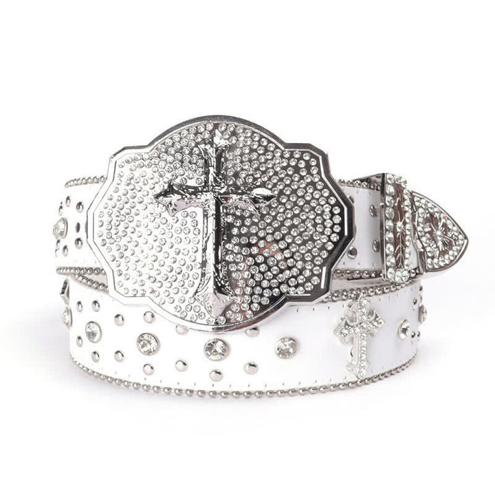 Shinning Cross Buckle Rhinestone Studded Leather Belt - White & Silver - 40 - image 7