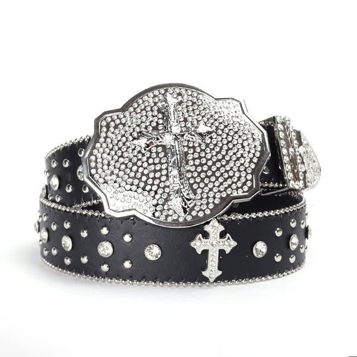 Shinning Cross Buckle Rhinestone Studded Leather Belt - Black & Silver - 40 - image 0