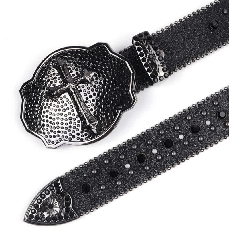 Shinning Cross Buckle Rhinestone Studded Leather Belt - image 6
