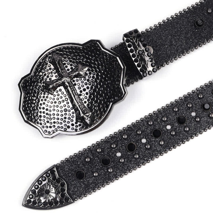 Shinning Cross Buckle Rhinestone Studded Leather Belt - image 6