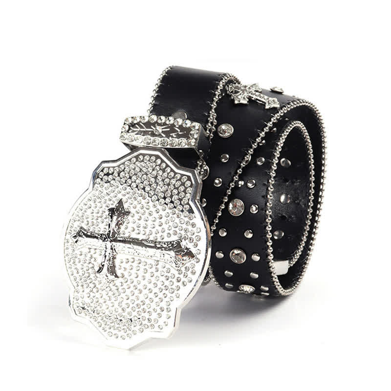 Shinning Cross Buckle Rhinestone Studded Leather Belt - image 1