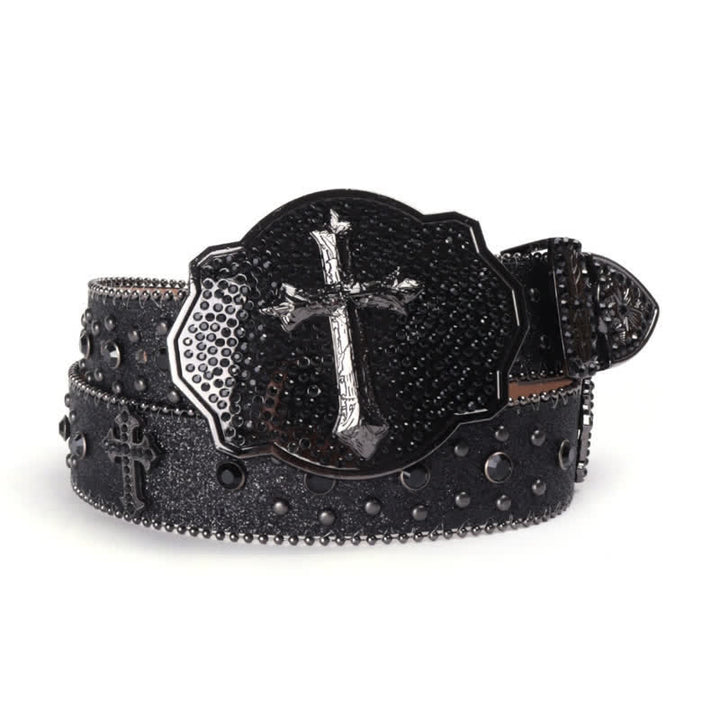 Shinning Cross Buckle Rhinestone Studded Leather Belt - Black - 40 - image 5