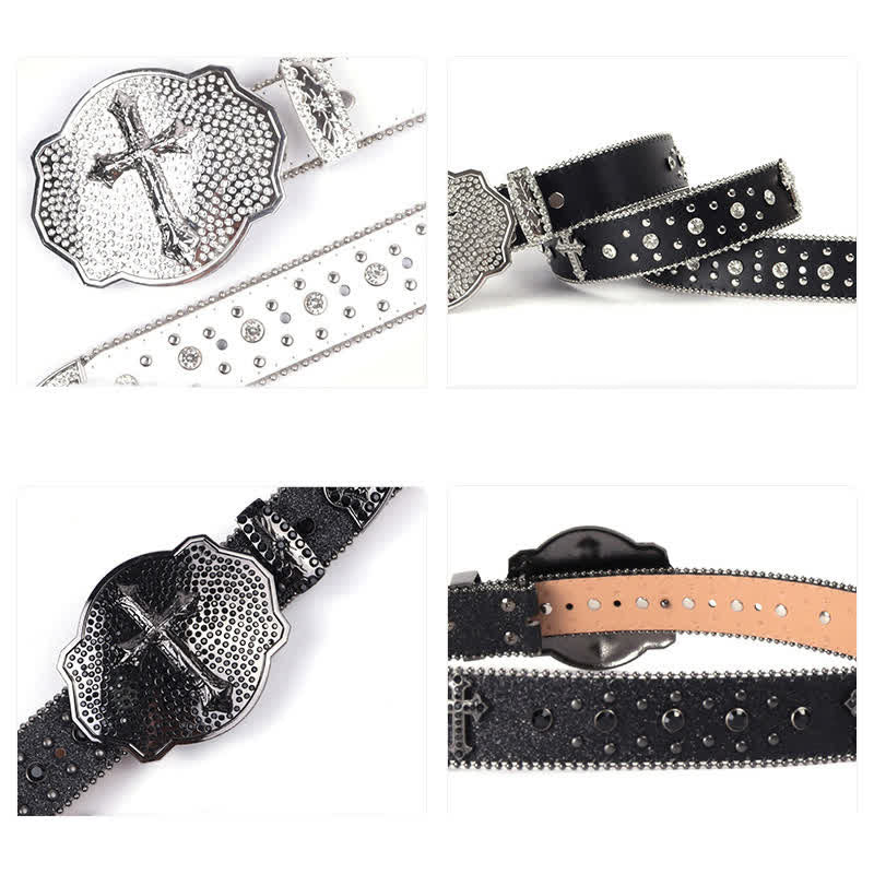 Shinning Cross Buckle Rhinestone Studded Leather Belt - image 8