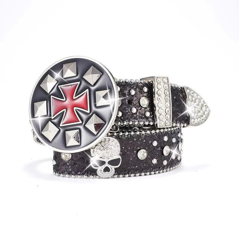 Vintage Cross Buckle Rhinestone Skull Studded Leather Belt - Black - 42 - image 0