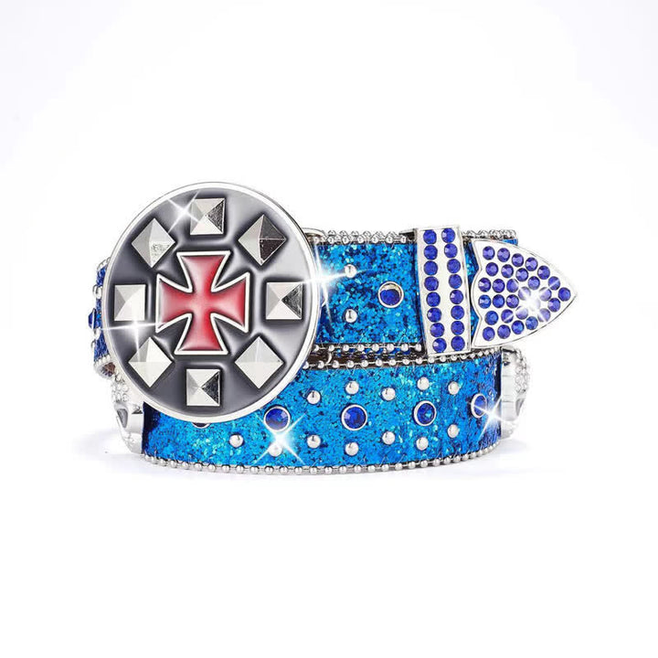 Vintage Cross Buckle Rhinestone Skull Studded Leather Belt - Blue - 42 - image 2