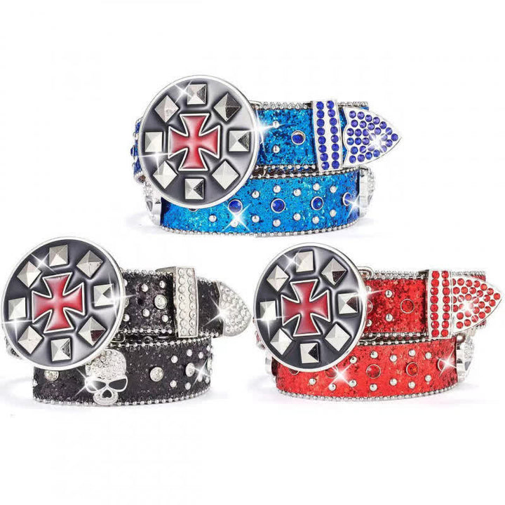 Vintage Cross Buckle Rhinestone Skull Studded Leather Belt - image 1