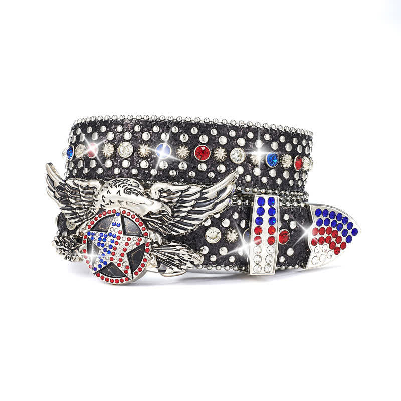 Eagle Buckle Red & Blue Star Sequin Rivets Leather Belt - Black - 42 - image 0