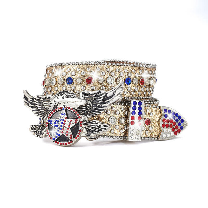 Eagle Buckle Red & Blue Star Sequin Rivets Leather Belt - Gold - 42 - image 4