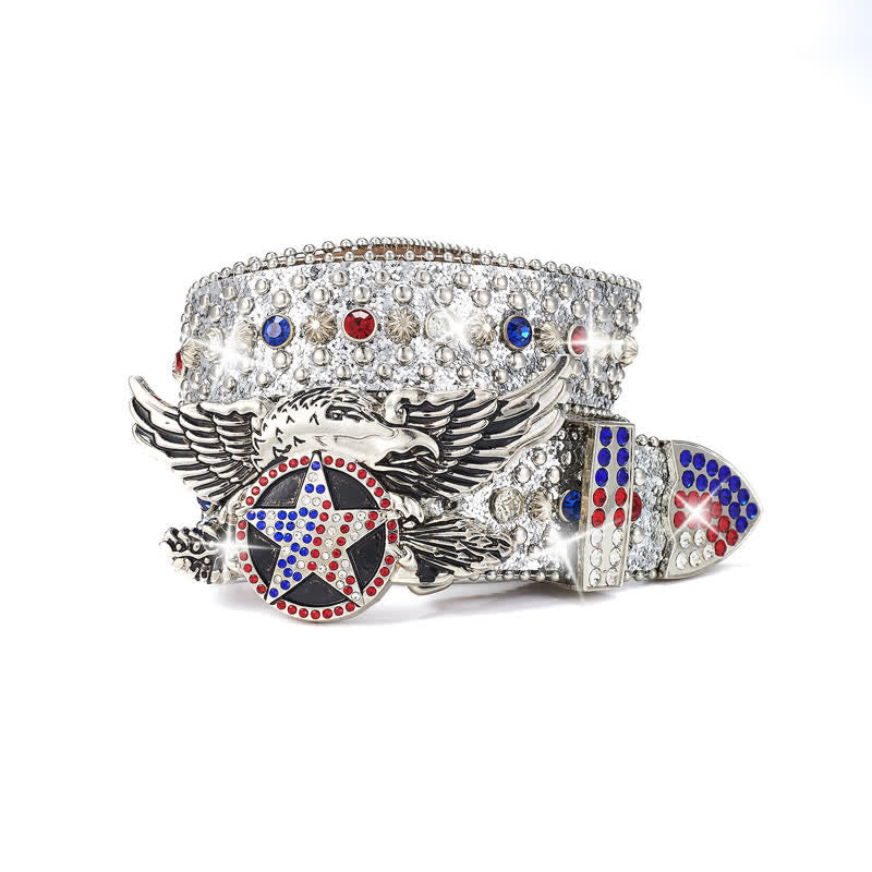 Eagle Buckle Red & Blue Star Sequin Rivets Leather Belt - Silver - 42 - image 6