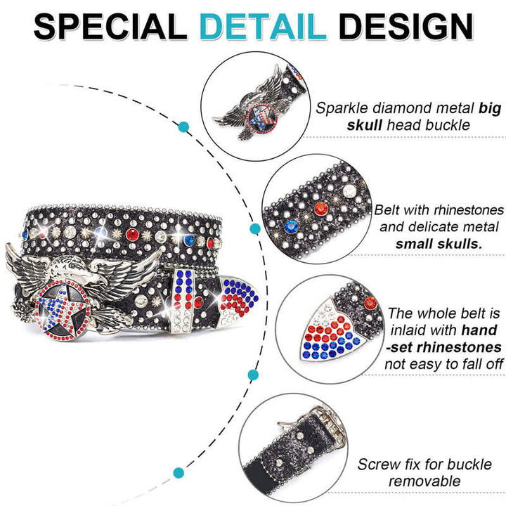 Eagle Buckle Red & Blue Star Sequin Rivets Leather Belt - image 2