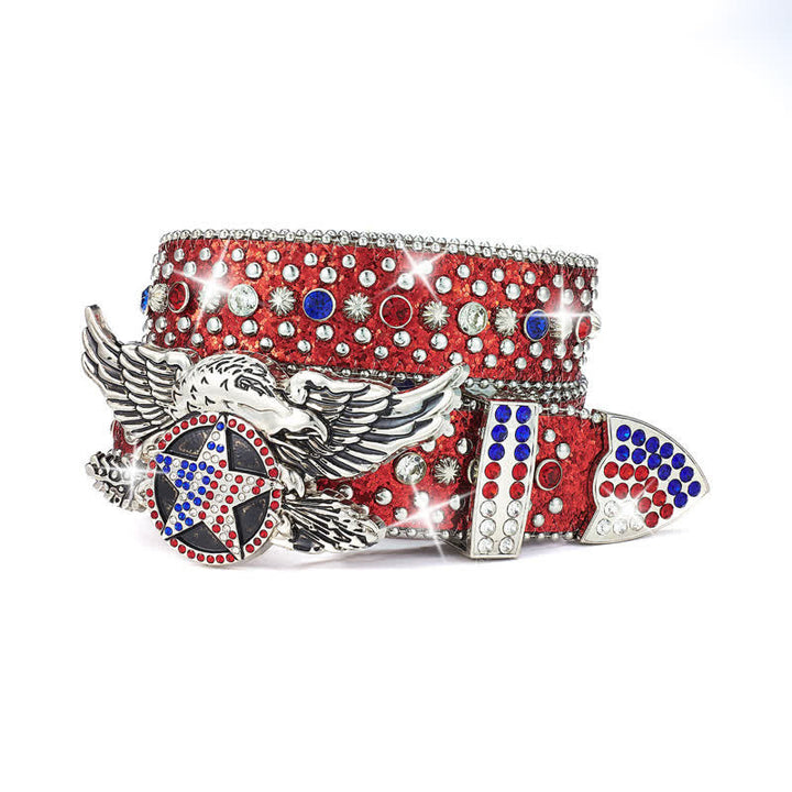 Eagle Buckle Red & Blue Star Sequin Rivets Leather Belt - Red - 42 - image 5