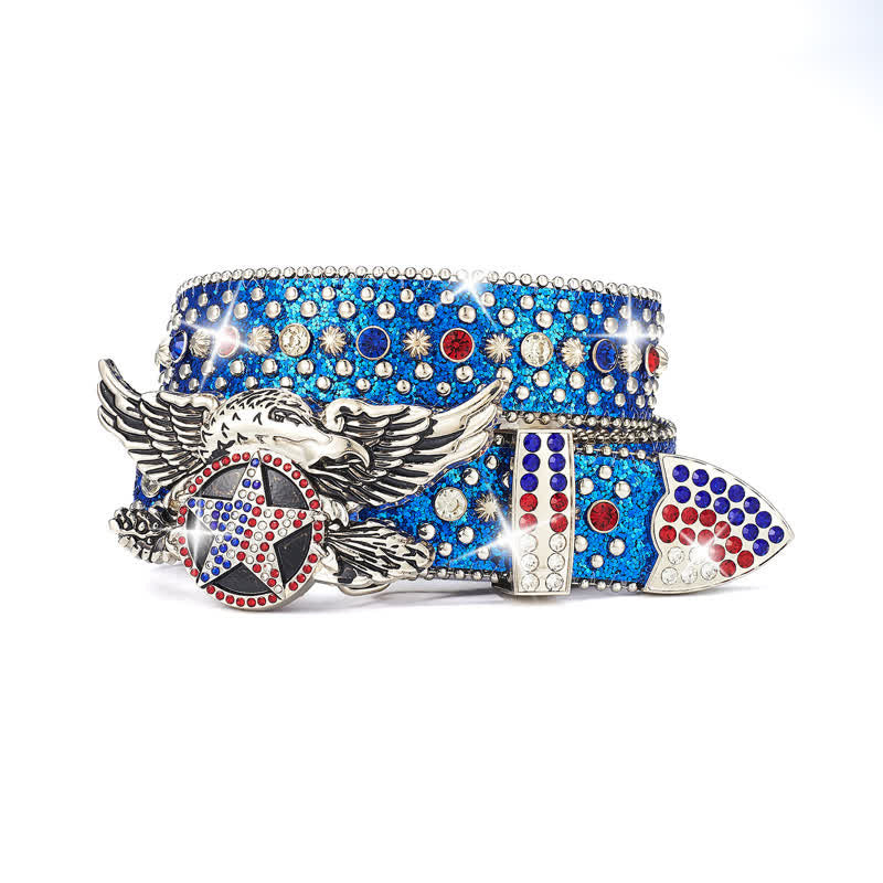 Eagle Buckle Red & Blue Star Sequin Rivets Leather Belt - Blue - 42 - image 3