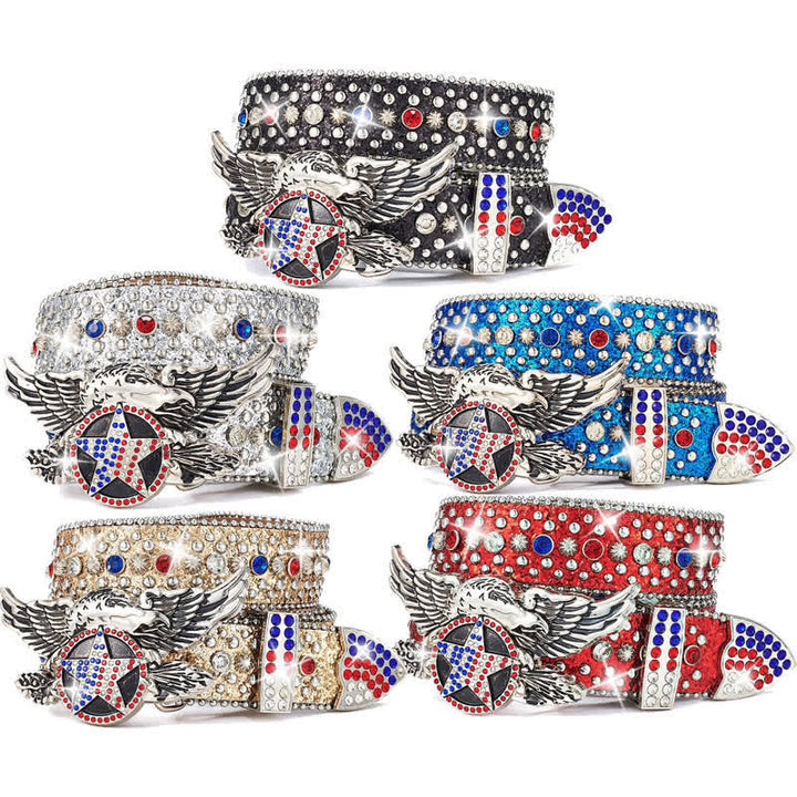 Eagle Buckle Red & Blue Star Sequin Rivets Leather Belt - image 1
