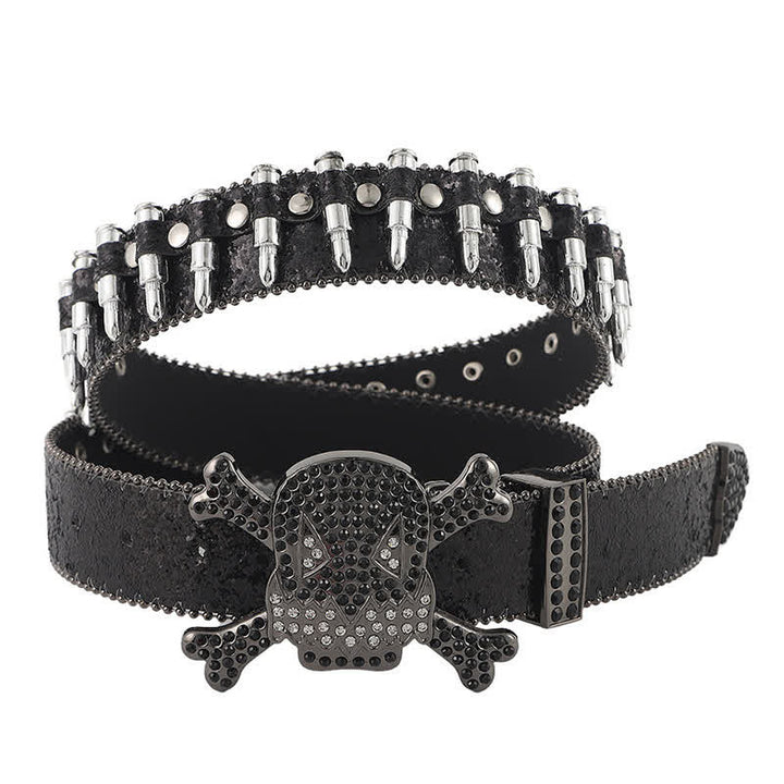 Cartoon Skull Buckle Bullet-Shaped Rivets Leather Belt - Black - 42 - image 0